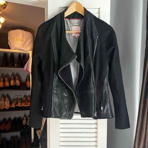 Ted Baker Meyaa Leather Paneled Biker Jacket - Picture 1 of 14
